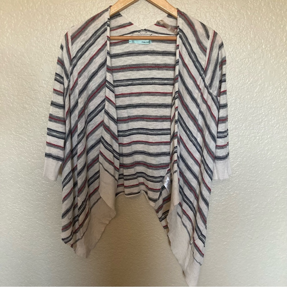 Maurice’s Striped Open Front Cardigan Sweater Red Blue and Grey Cream Size Small